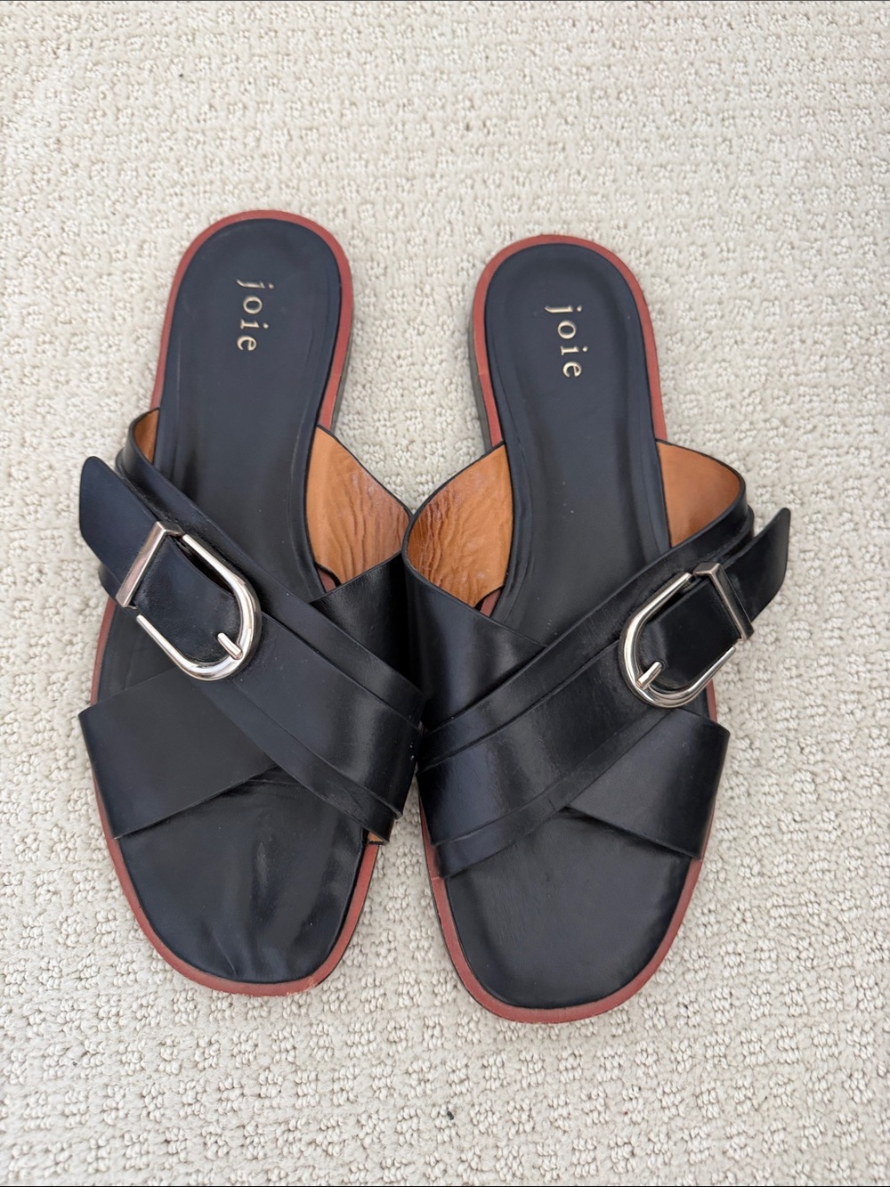 Joie Black Leather Buckle Slide Mules
